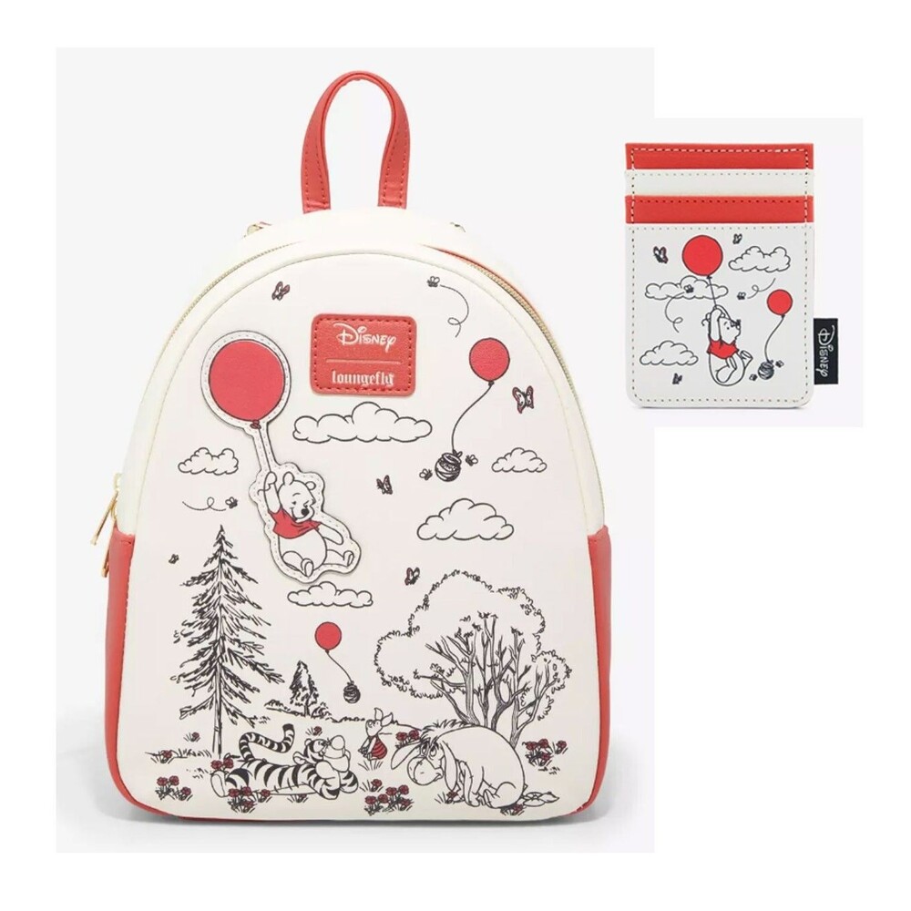 Disney Winnie the Pooh Red Balloons Loungefly Mini Backpack Bag & Cardholder NWT